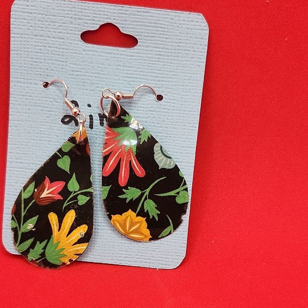 Hand Crafted Dangle Earring Faux Leather Floral Teardrop - Black and Multicolor